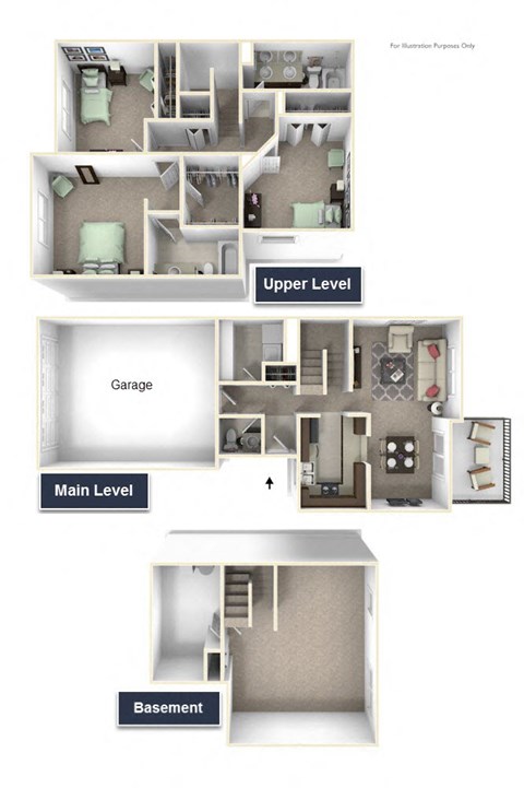Yarrow Townhome Floor Plan - 3 BR 2.5 BA at Killian Lakes Apartments and Townhomes, Columbia, South Carolina